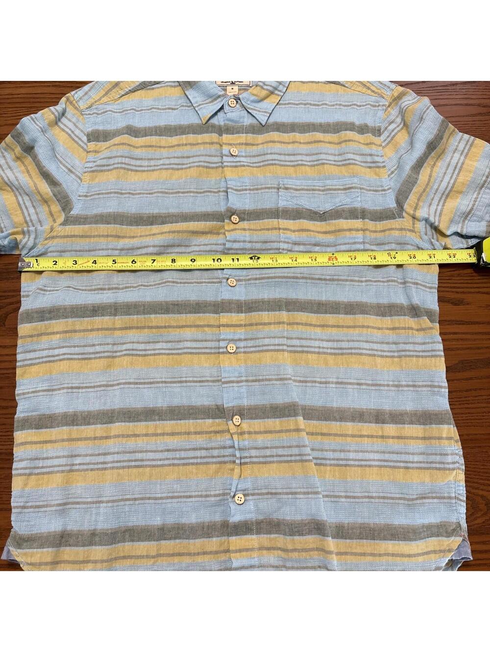 True Grit Men's Size M Short Sleeve Button Down Shirt Striped Blue Yellow Slub - Picture 9 of 9